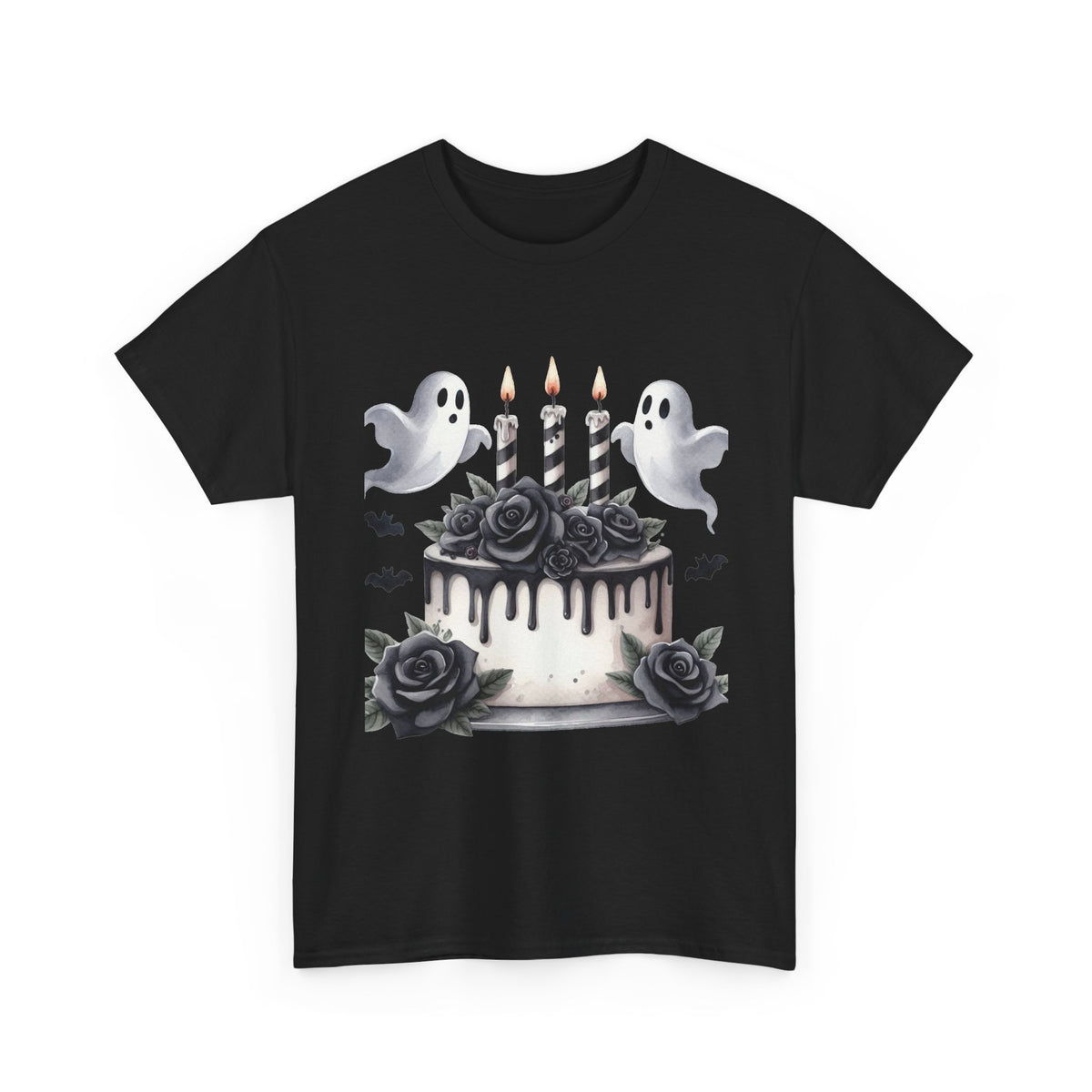 Ghost Cake Halloween T-Shirt — Gothic Birthday Tee with Black Roses & Candles