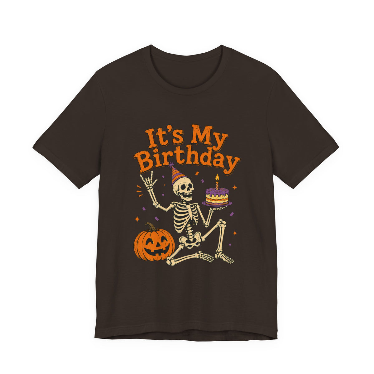 Halloween Birthday T‑Shirt — "It's My Birthday" Skeleton with Cake & Pumpkin