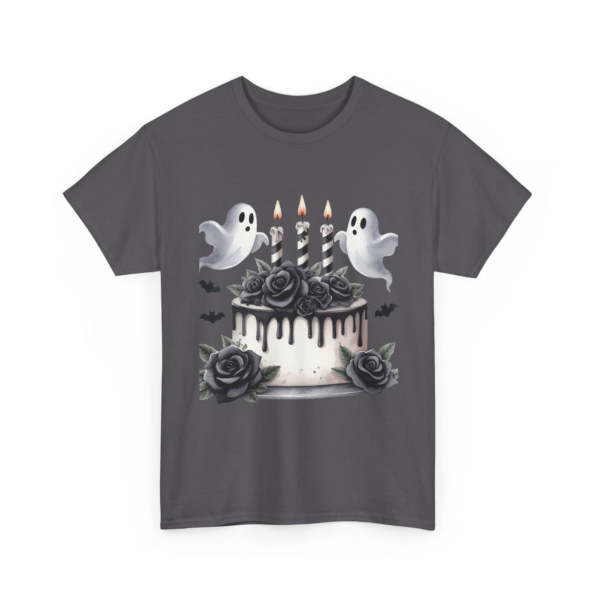 Ghost Cake Halloween T-Shirt — Gothic Birthday Tee with Black Roses & Candles