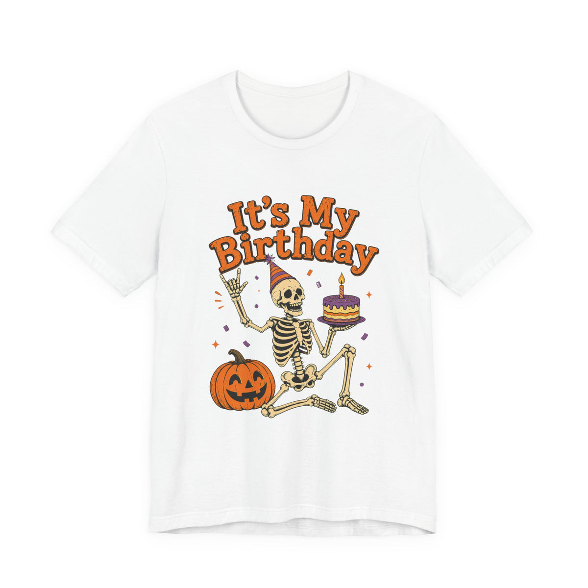 Halloween Birthday T‑Shirt — "It's My Birthday" Skeleton with Cake & Pumpkin
