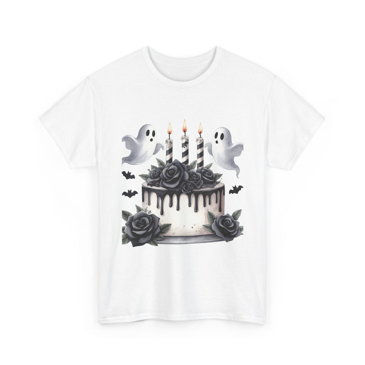 Ghost Cake Halloween T-Shirt — Gothic Birthday Tee with Black Roses & Candles