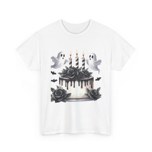 Ghost Cake Halloween T-Shirt — Gothic Birthday Tee with Black Roses & Candles