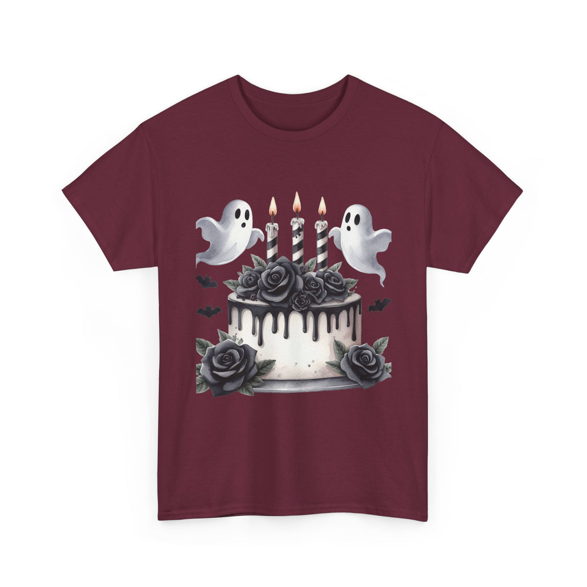 Ghost Cake Halloween T-Shirt — Gothic Birthday Tee with Black Roses & Candles