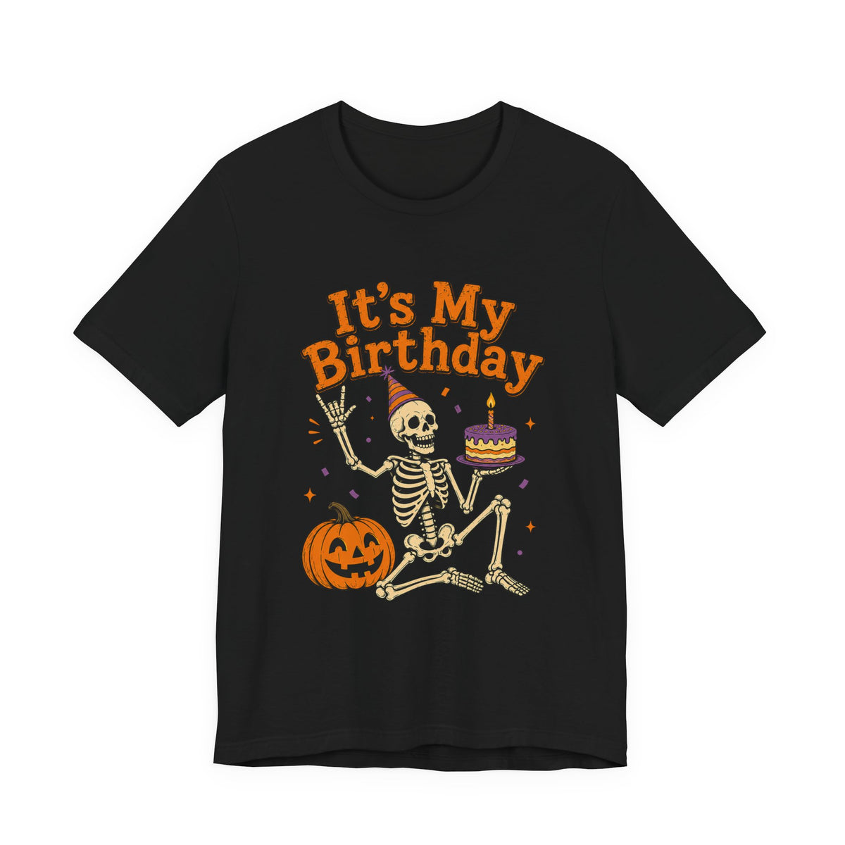 Halloween Birthday T‑Shirt — "It's My Birthday" Skeleton with Cake & Pumpkin