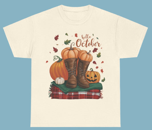 T-shirt, Autumn, Hello October, Fall, Cotton Tee