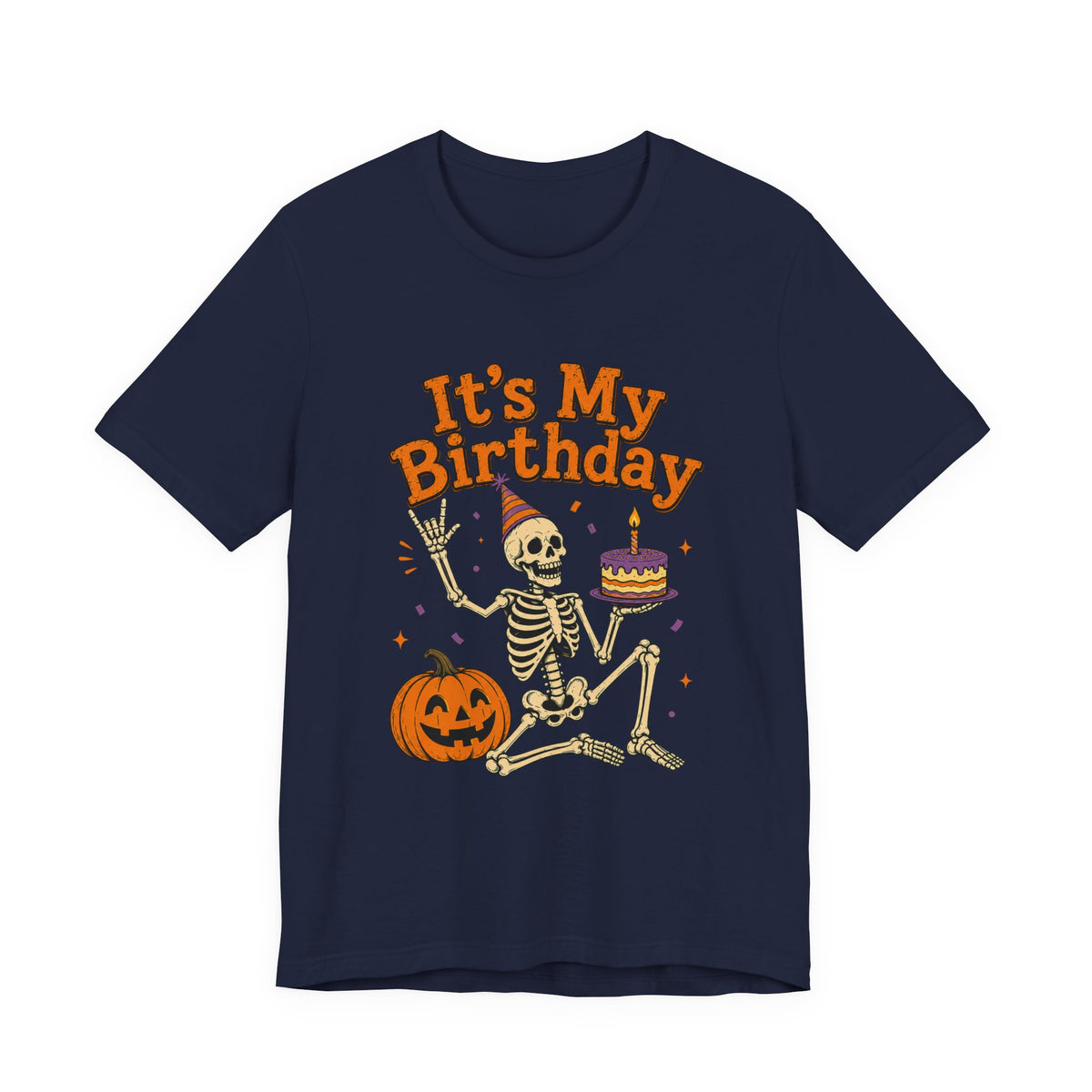 Halloween Birthday T‑Shirt — "It's My Birthday" Skeleton with Cake & Pumpkin
